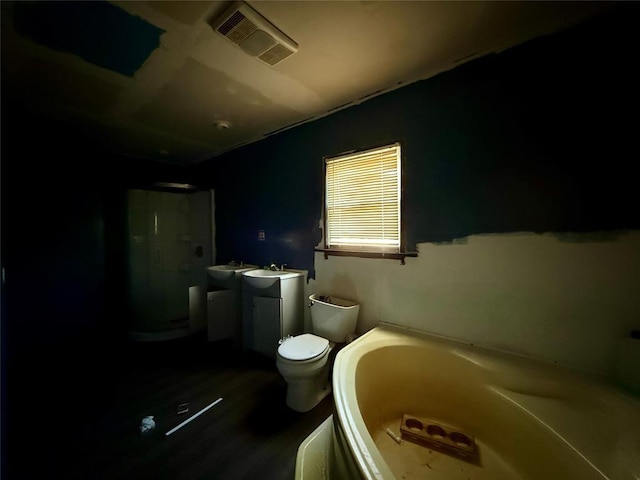 bathroom with vanity, a bath, and toilet