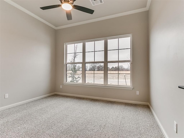 unfurnished room with carpet flooring, ceiling fan, and crown molding