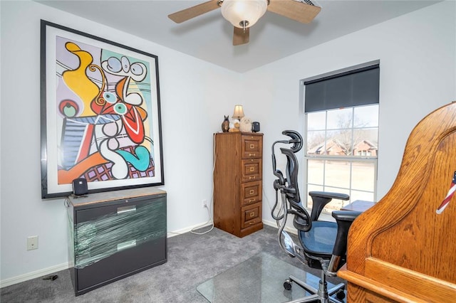 home office featuring carpet flooring and ceiling fan