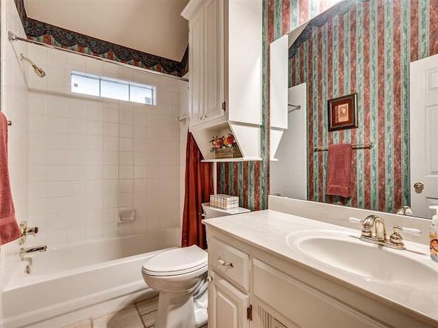 full bathroom with tile patterned flooring, vanity, shower / tub combo, and toilet