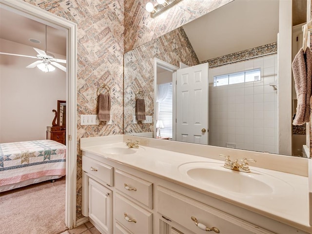 bathroom featuring vanity, tile patterned floors, and ceiling fan