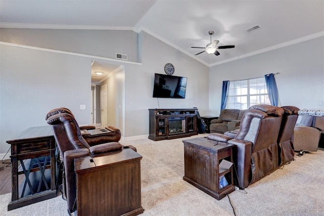 carpeted living room featuring ornamental molding, ceiling fan, and lofted ceiling