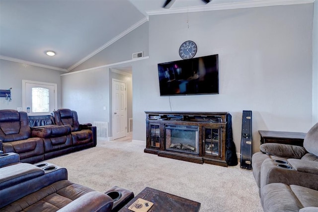 living room featuring carpet flooring, vaulted ceiling, and crown molding