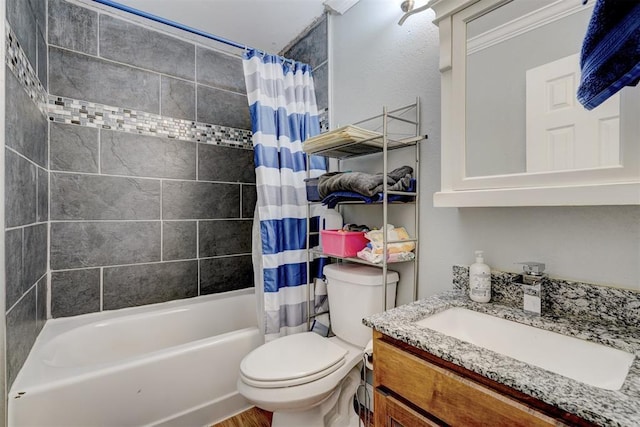 full bathroom featuring vanity, toilet, shower / bathtub combination with curtain, and crown molding