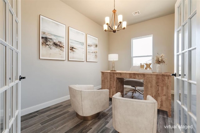 office area with a notable chandelier, dark wood-type flooring, visible vents, baseboards, and french doors