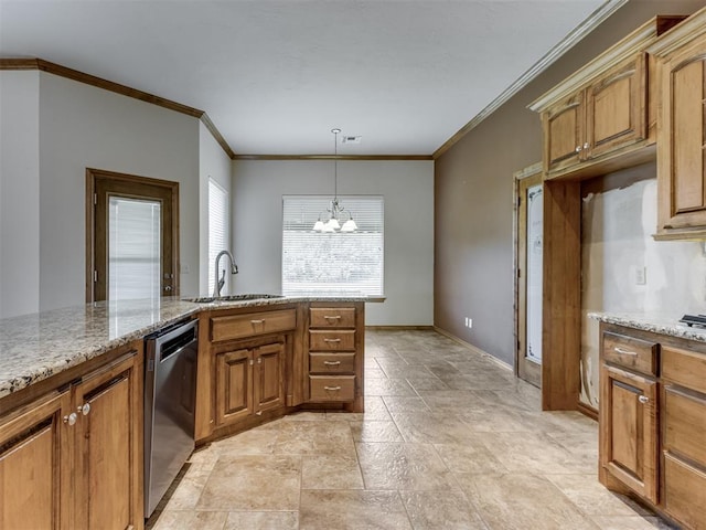 kitchen featuring sink, light stone counters, stainless steel dishwasher, a notable chandelier, and ornamental molding