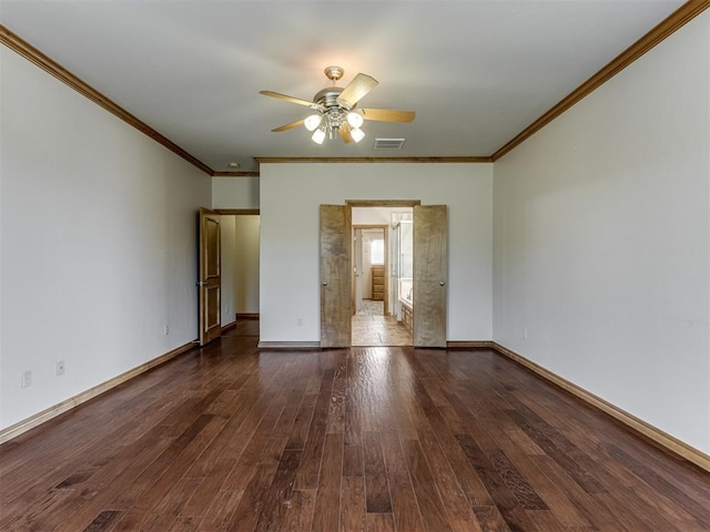 unfurnished room with crown molding, dark hardwood / wood-style flooring, and ceiling fan