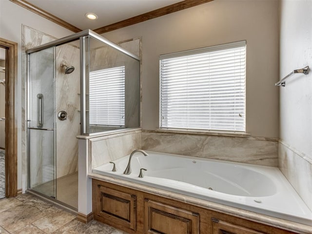 bathroom featuring plus walk in shower and ornamental molding