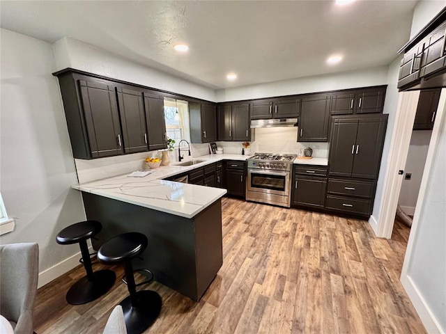 kitchen with kitchen peninsula, a breakfast bar, high end stove, sink, and light hardwood / wood-style flooring