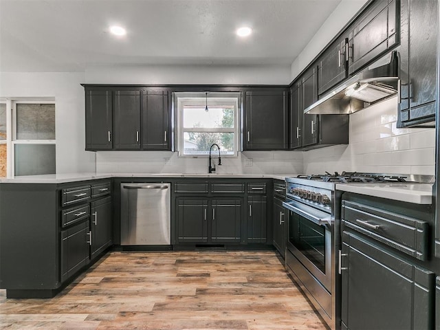 kitchen with appliances with stainless steel finishes, tasteful backsplash, light hardwood / wood-style floors, and sink