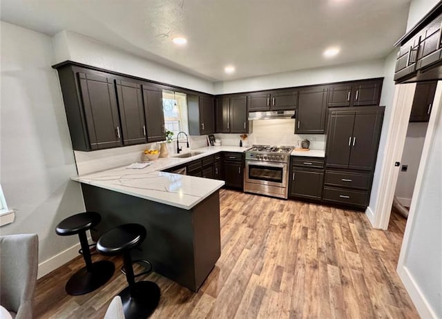 kitchen featuring kitchen peninsula, high end stove, light hardwood / wood-style floors, and sink