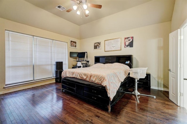 bedroom featuring dark wood-type flooring and ceiling fan