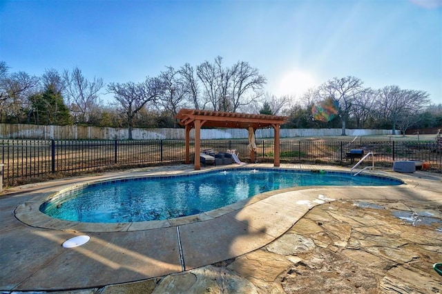 view of pool featuring a water slide, a patio area, and a pergola