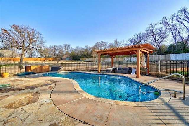 view of swimming pool featuring an outdoor hangout area, a patio area, and a pergola