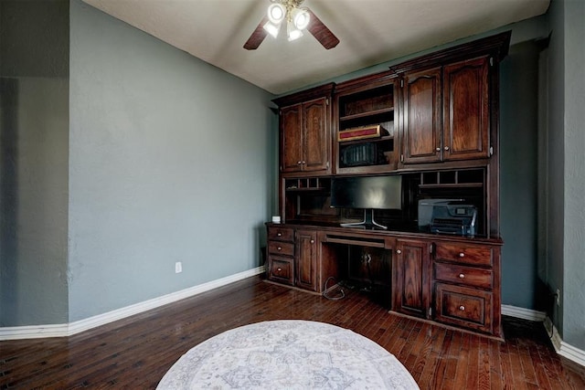 office area with ceiling fan and dark hardwood / wood-style flooring