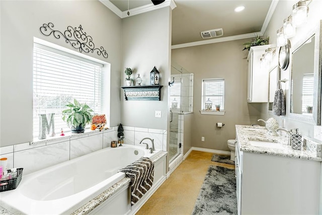 full bathroom featuring vanity, crown molding, plus walk in shower, and toilet