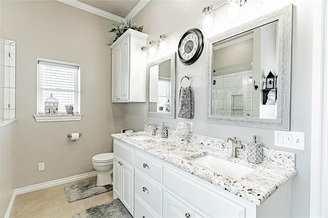 bathroom with tile patterned floors, crown molding, an enclosed shower, toilet, and vanity