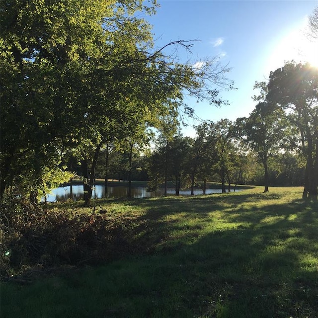 view of home's community with a lawn and a water view