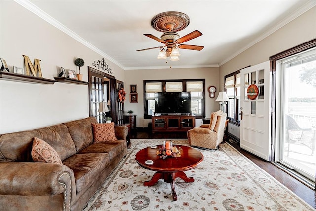 living room featuring hardwood / wood-style floors, ceiling fan, and crown molding