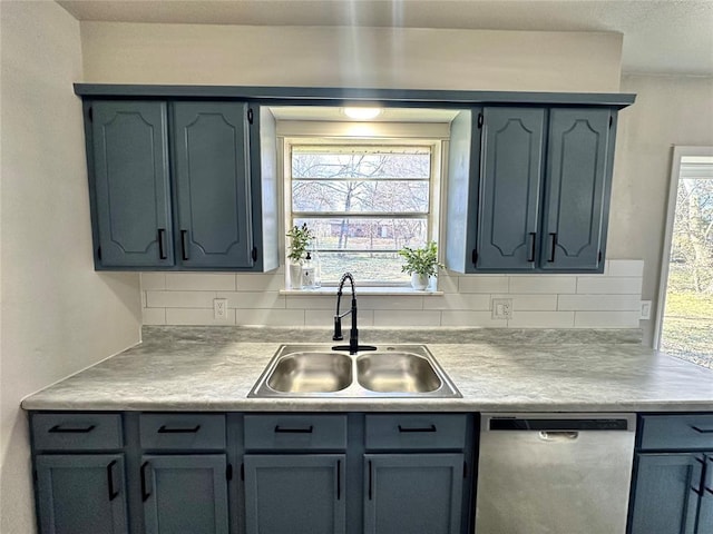 kitchen with dishwasher, decorative backsplash, and sink