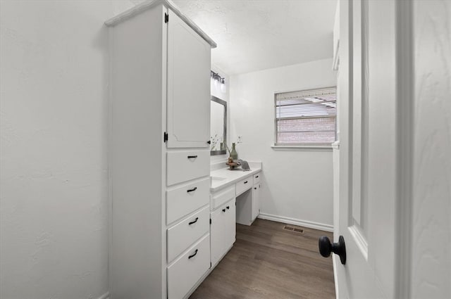 bathroom featuring hardwood / wood-style flooring and vanity