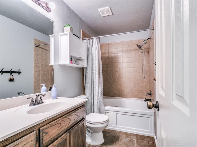 full bathroom featuring tile patterned floors, vanity, toilet, and shower / bathtub combination with curtain