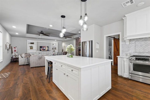 kitchen featuring white cabinets, a barn door, decorative light fixtures, a kitchen island, and stainless steel appliances