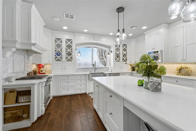 kitchen with high end stove, dark hardwood / wood-style floors, and white cabinetry