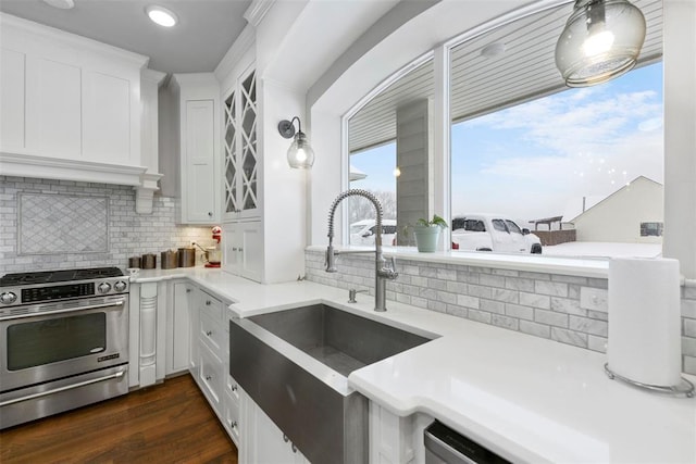 kitchen featuring white cabinetry, sink, dark hardwood / wood-style flooring, decorative backsplash, and high end stainless steel range