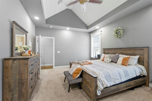 carpeted bedroom featuring ceiling fan, wooden ceiling, and vaulted ceiling