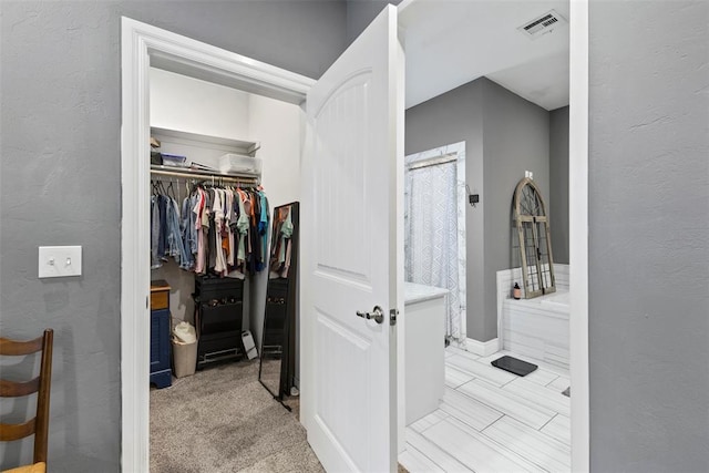 spacious closet with light colored carpet