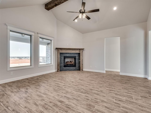 unfurnished living room featuring beamed ceiling, high vaulted ceiling, light hardwood / wood-style flooring, and ceiling fan