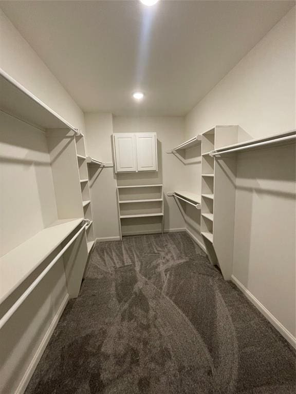 spacious closet featuring dark colored carpet