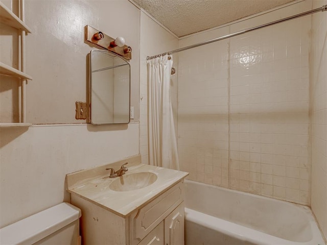 full bathroom with vanity, shower / tub combo, a textured ceiling, and toilet