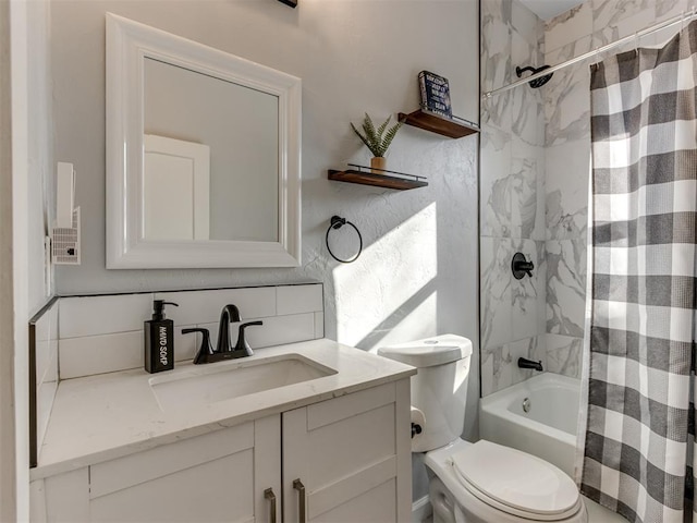 full bathroom featuring vanity, shower / tub combo, backsplash, and toilet