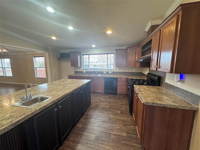 kitchen with black appliances, sink, dark hardwood / wood-style floors, range hood, and light stone counters