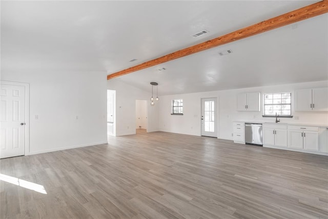 unfurnished living room featuring lofted ceiling with beams, sink, and light hardwood / wood-style flooring