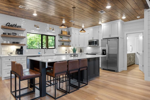 kitchen featuring white cabinets, a center island, stainless steel appliances, and wooden ceiling