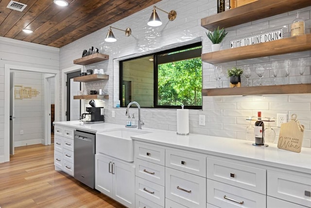 bar with dishwasher, sink, light hardwood / wood-style flooring, white cabinets, and wood ceiling