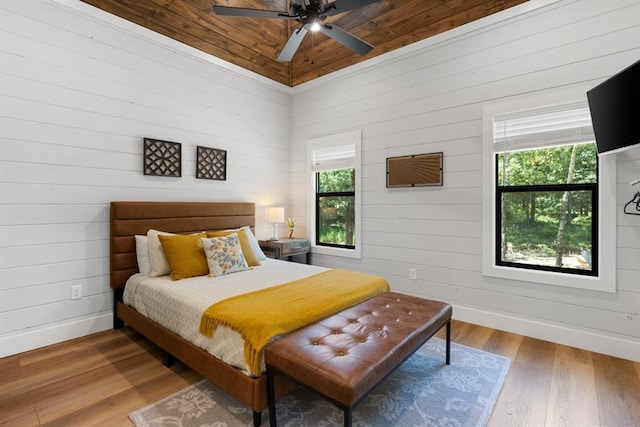 bedroom featuring ceiling fan, wood-type flooring, wooden ceiling, lofted ceiling, and wood walls