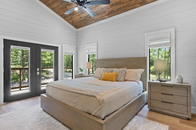 bedroom with access to outside, ceiling fan, wooden walls, and wooden ceiling