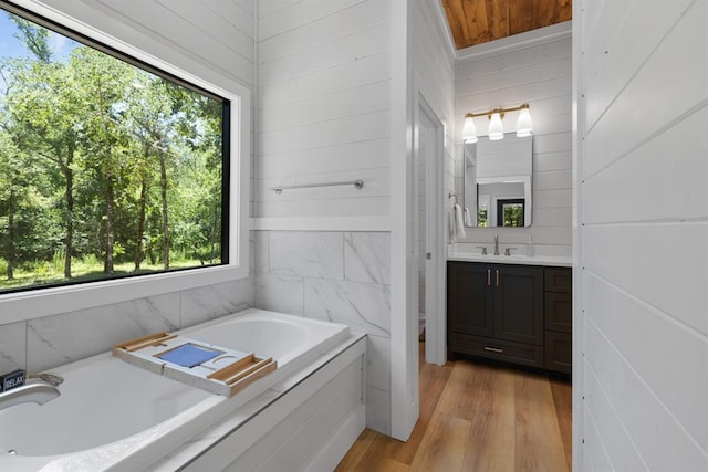 bathroom with hardwood / wood-style floors, plenty of natural light, a bath, and vanity