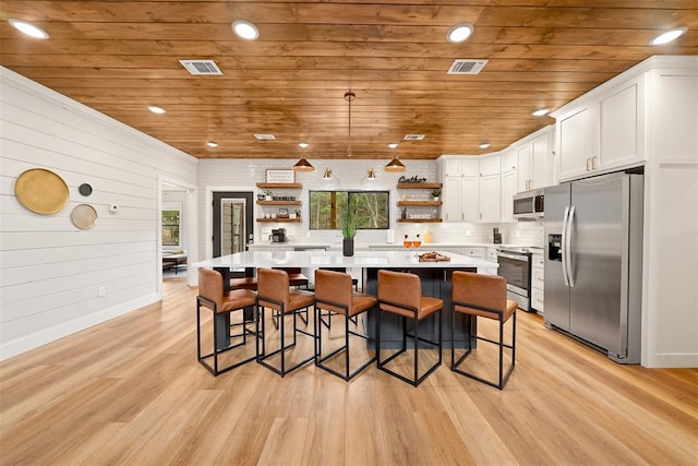 kitchen featuring white cabinetry, open shelves, appliances with stainless steel finishes, visible vents, and wooden ceiling