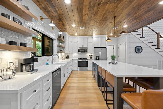 kitchen featuring tasteful backsplash, wooden ceiling, stainless steel appliances, open shelves, and a sink