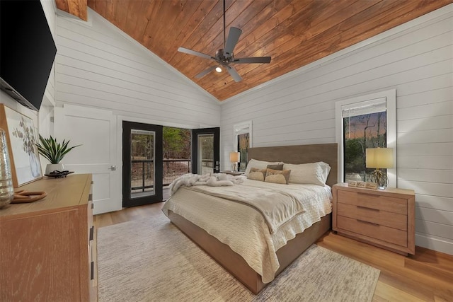 bedroom featuring wooden ceiling, access to outside, wood walls, light wood-type flooring, and high vaulted ceiling
