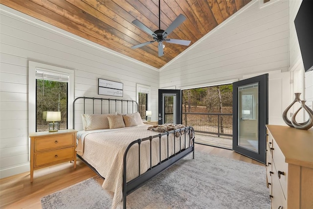 bedroom featuring wood ceiling, wood walls, ceiling fan, wood finished floors, and access to outside
