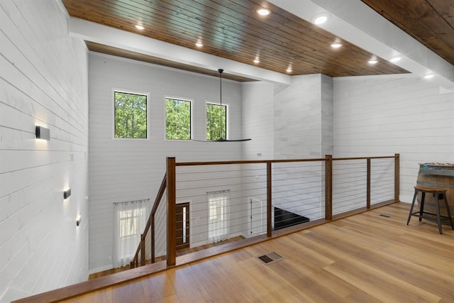 interior space with wood ceiling, wood finished floors, visible vents, and recessed lighting