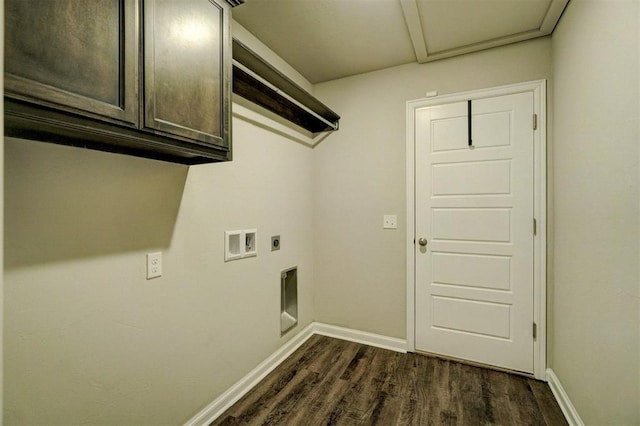 laundry room featuring dark hardwood / wood-style flooring, hookup for a washing machine, cabinets, and hookup for an electric dryer