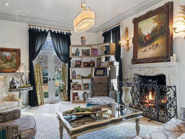 5808 Mistletoe Ct, Oklahoma City, OK 73142 - sitting room with a premium fireplace, french doors, light tile patterned floors, and ornamental molding