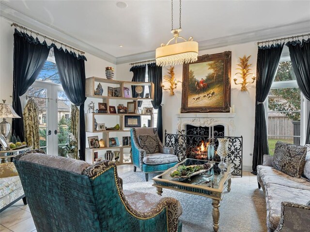 5808 Mistletoe Ct, Oklahoma City, OK 73142 - sitting room with french doors, a high end fireplace, light tile patterned flooring, and ornamental molding